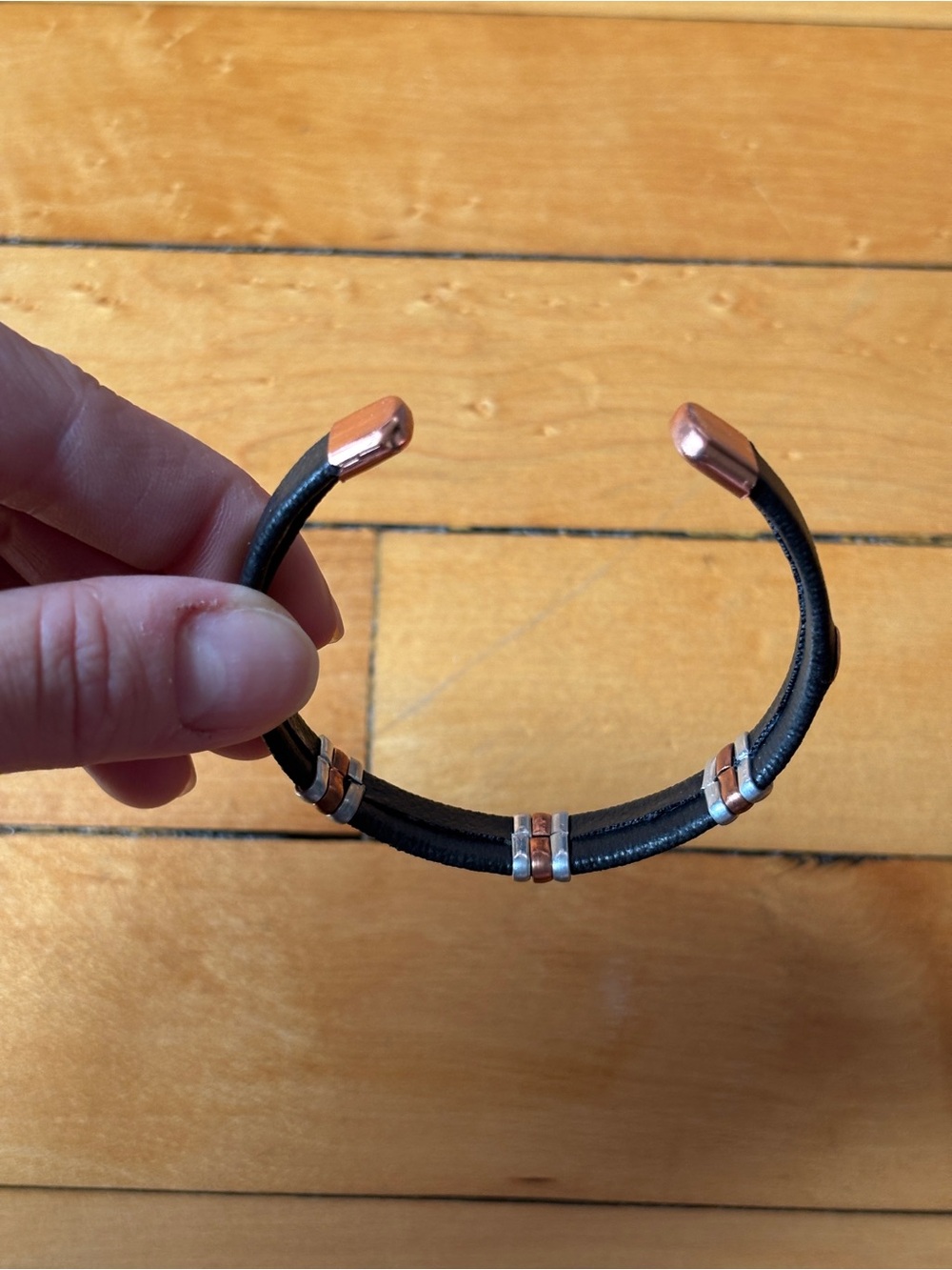 NWOT Mixed-Metal Copper & Black Leather Wrapped Magnetic Cuff Bangle Bracelet - Picture 11 of 16